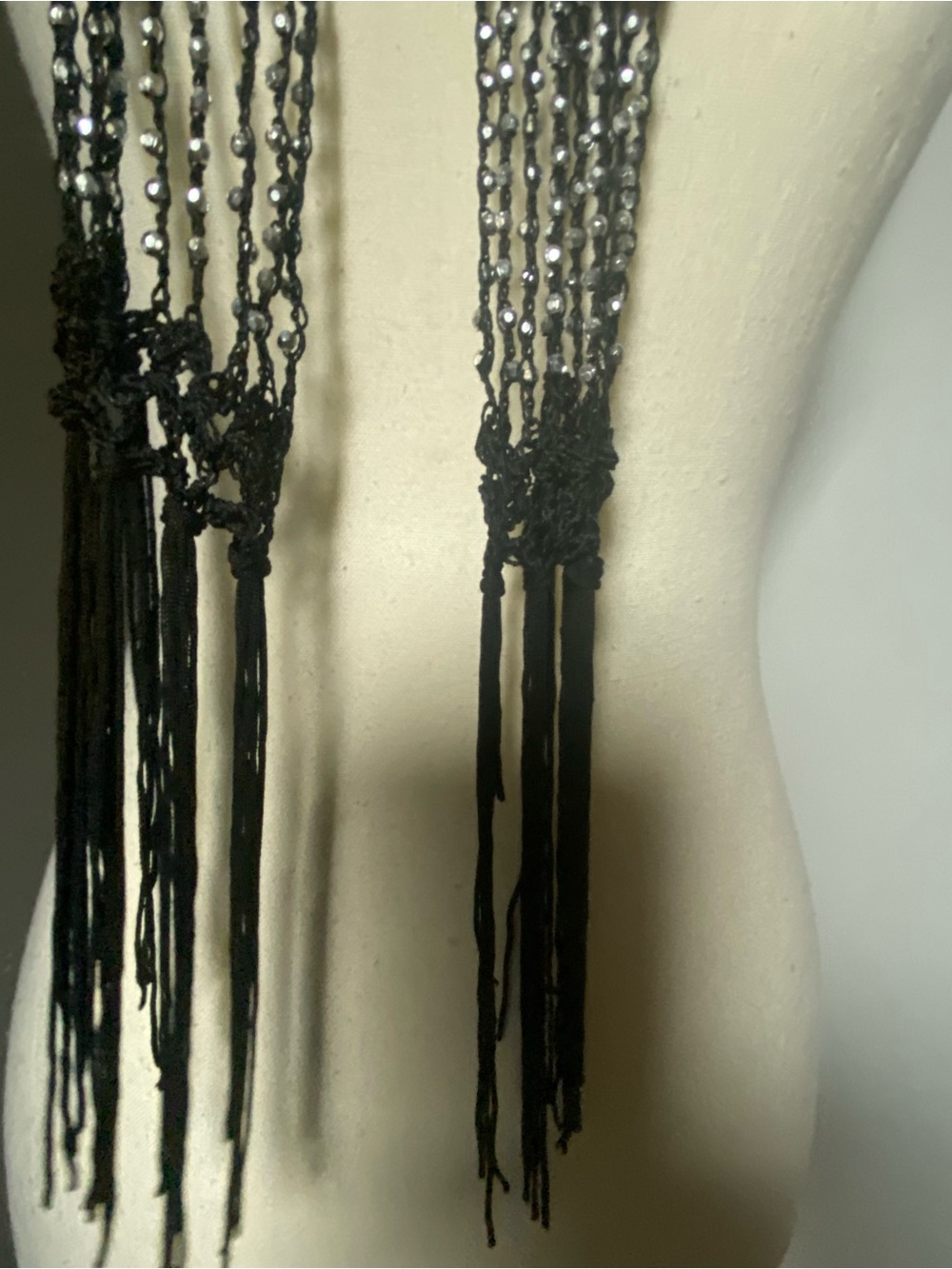 Y2K Black & Silver Beaded Crochet Fringe Skinny Scarf - Picture 5 of 5